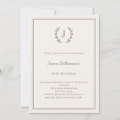 Ivory taupe monogram wreath minimalist birthday einladung (Vorderseite)