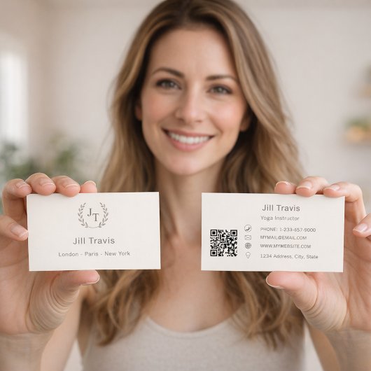 Ivory taupe monogram wreath modern minimalst QR Visitenkarte