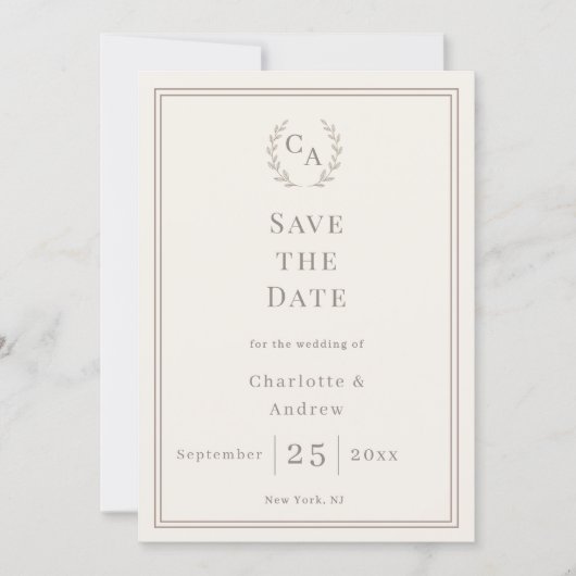 Ivory taupe monogram wreath wedding save the date (Vorderseite)