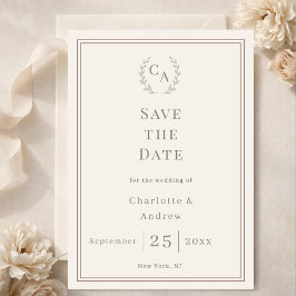 Ivory taupe monogram wreath wedding save the date