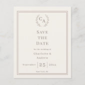 Ivory taupe monogram wreath wedding Save the Date  Flyer (Vorne)