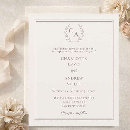 Ivory taupe wreath monogram wedding invitation