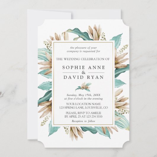 Ivory Türkise Lilies Blume Geometric Wedding Einladung (Vorderseite)