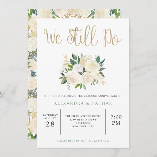 Ivory Watercolor Floral | Goldhochzeit Einladung (Vorne/Hinten)