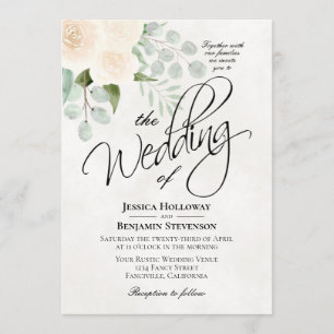Ivory Watercolor Rose & Eucalyptus Boho Hochzeit Einladung