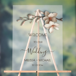 Ivory White 3D  Magnolia Flowers Wedding Welcome Acrylschild