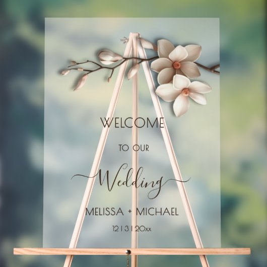 Ivory White 3D Magnolia Flowers Wedding Welcome Acrylschild (Neutral)