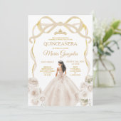 Ivory White Bow Princess Gold Crown Quinceañera Einladung (Stehend Vorderseite)