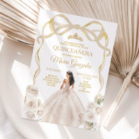Ivory White Bow Princess Gold Crown Quinceañera