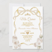 Ivory White Floral Bow Ribbon Gold Mis Quince Einladung (Vorderseite)