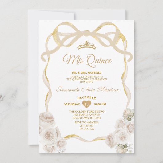 Ivory White Floral Bow Ribbon Gold Mis Quince Einladung (Vorderseite)