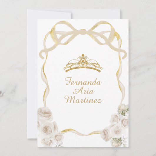 Ivory White Floral Bow Ribbon Gold Mis Quince Einladung (Rückseite)