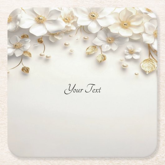 Ivory White Floral Gold Blätter Paper Untersetzer (Vorderseite)