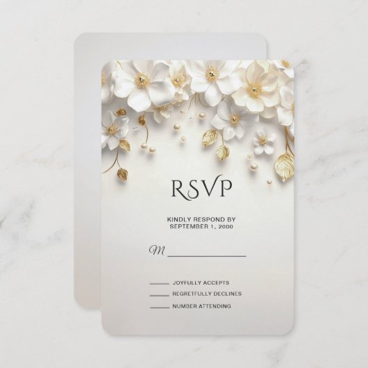 Ivory White Floral Gold Blätter RSVP Card (Vorne/Hinten)
