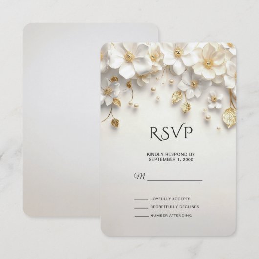 Ivory White Floral Gold Blätter RSVP Card Karte (Vorne/Hinten)