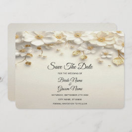 Ivory White Floral Gold Blätter Save the Date
