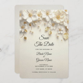 Ivory White Floral Gold Blätter Save the Date