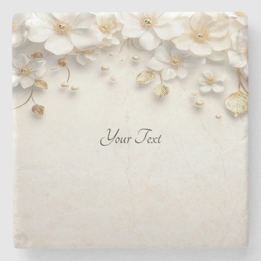 Ivory White Floral Gold Blätter Stone Untersetzer (Vorderseite)