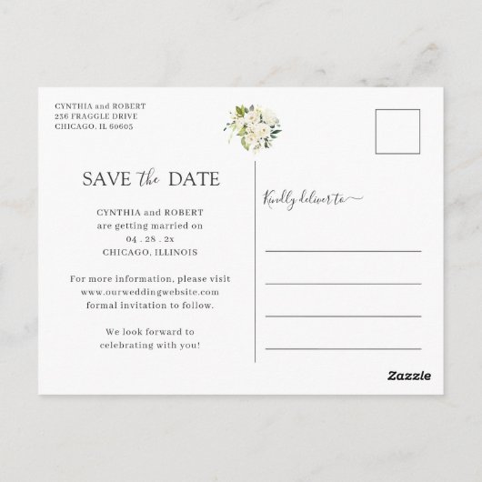 Ivory White Floral Gold Foto Save the Date Postkarte (Rückseite)