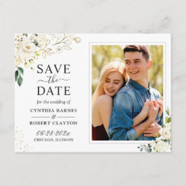 Ivory White Floral Gold Foto Save the Date Postkarte