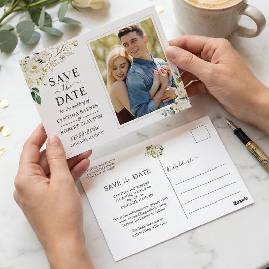 Ivory White Floral Gold Foto Save the Date Postkarte