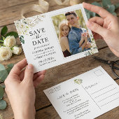Ivory White Floral Gold Foto Save the Date Postkarte
