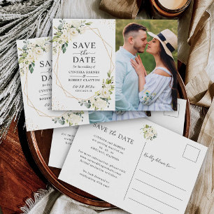 Ivory White Floral Gold Geometric Save the Date Postkarte