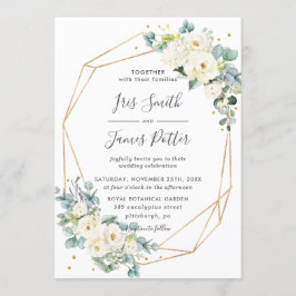 Ivory White Floral Greenery Gold Geometric Wedding Einladung