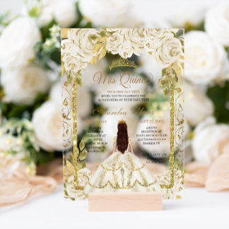 Ivory White Floral Princess Gold Arch Quinceanera Acryleinladungen