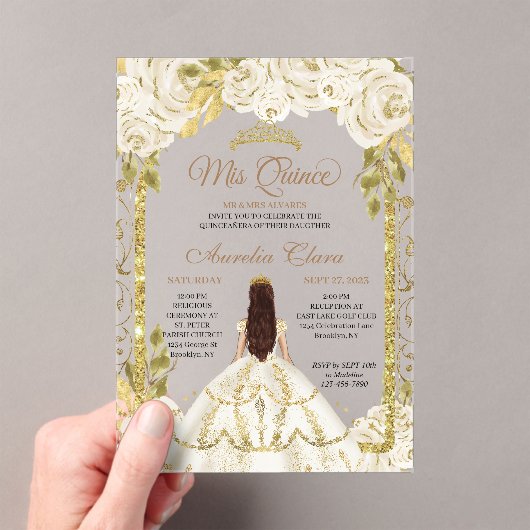 Ivory White Floral Princess Gold Arch Quinceanera Acryleinladungen (Insitu (Handheld))