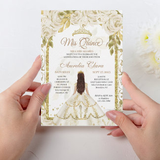 Ivory White Floral Princess Gold Arch Quinceanera Einladung