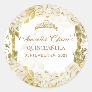 Ivory White Floral Princess Gold Arch Quinceanera Runder Aufkleber