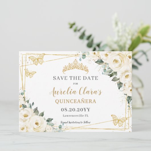 Ivory White Floral Quinceanera Sweet 16 Butterfly Save The Date (Stehend Vorderseite)
