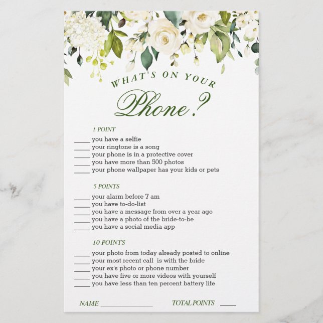 Ivory White Floral Water Brautparty Game (Vorderseite)