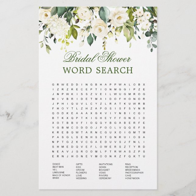 Ivory White Floral Word Search Brautparty Game (Vorderseite)