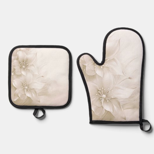 Ivory White Flowers Ofenhandschuh & Topflappen-Set (Vorderseite)