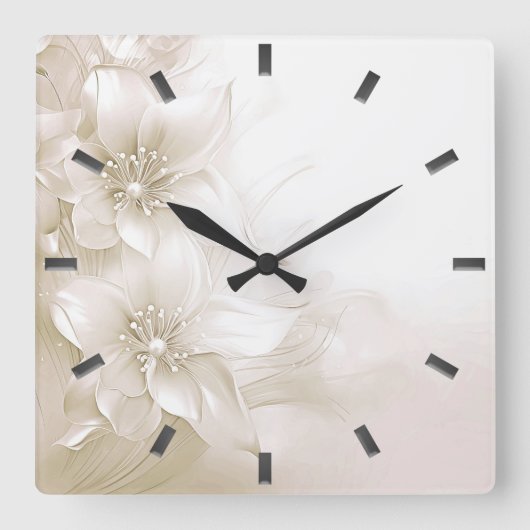 Ivory White Flowers Wall Clock Quadratische Wanduhr (Vorderseite)