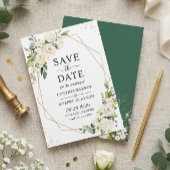 Ivory White Green Floral Modern Gold Geometric Save The Date
