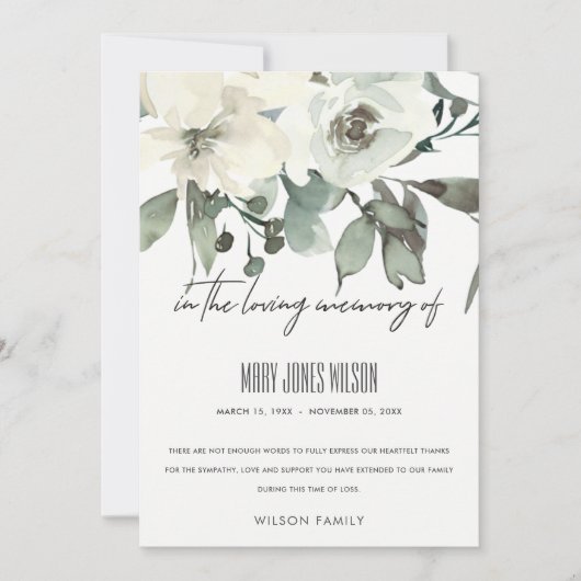IVORY WHITE GREEN GRAY FLORAL BEILEID MEMORIAL DANKESKARTE (Vorderseite)