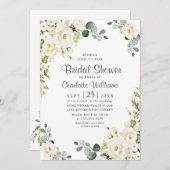 Ivory White Rose Eucalyptus Greenery Brautparty Einladung (Vorne/Hinten)