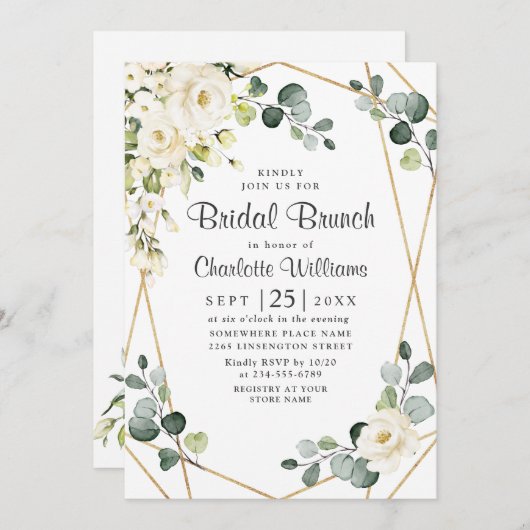 Ivory White Rose Eucalyptus Greenery Bridal Brunch Einladung (Vorne/Hinten)
