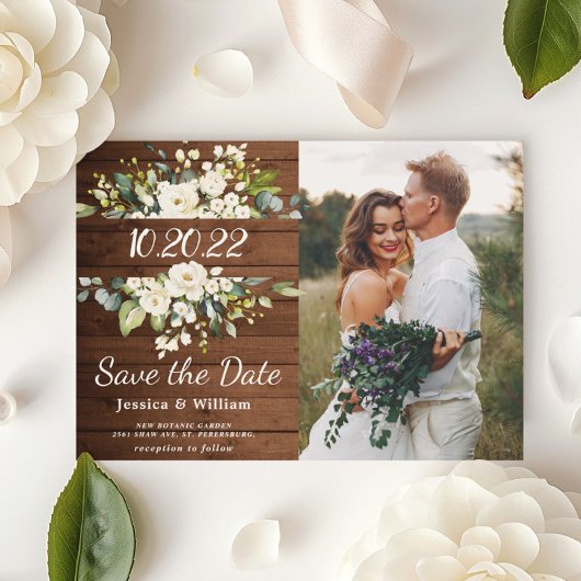 Ivory White Rose Greenery Foto Save the Date Karte