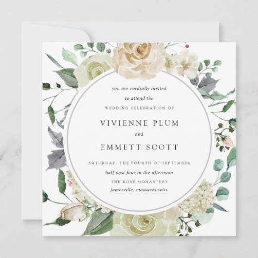 Ivory White Rose Hydrangea Blumenhochzeit Einladung (Vorderseite)