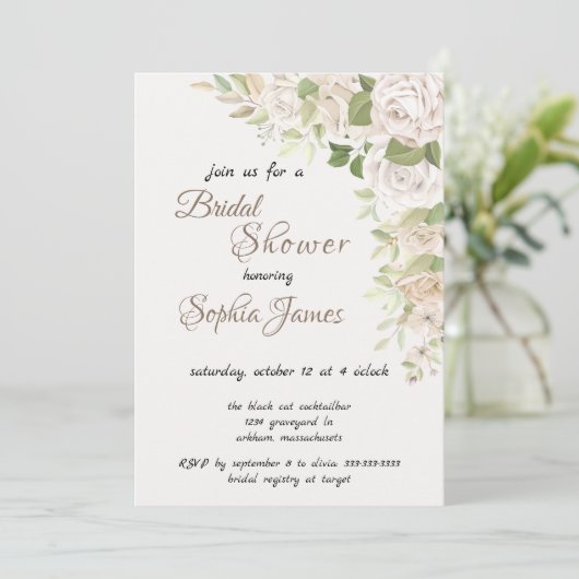 Ivory White Roses Bridal Shower Einladung (Stehend Vorderseite)