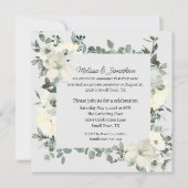 Ivory White Roses Floral Wedding Just Marrie Ankündigung (Rückseite)