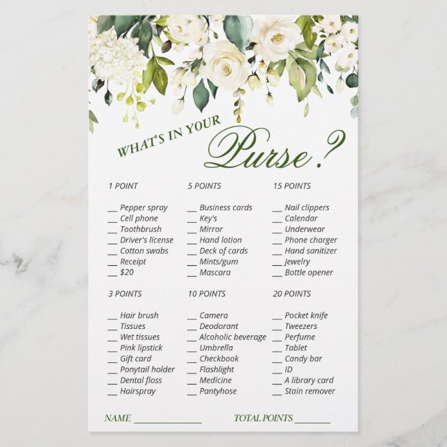 Ivory White Roses Greenerity Brautparty Game (Vorderseite)