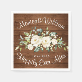 Ivory White Roses Greenery Rustic Wood Wedding Serviette