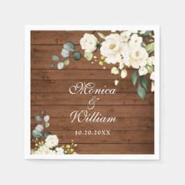 Ivory White Roses Greenery Rustic Wood Wedding Serviette