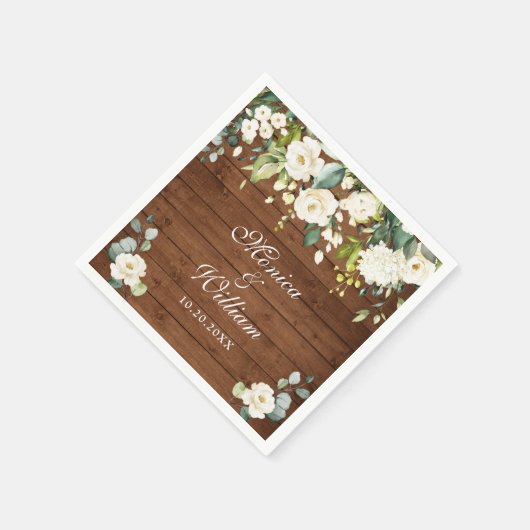 Ivory White Roses Greenery Rustic Wood Wedding Serviette (Ecke)