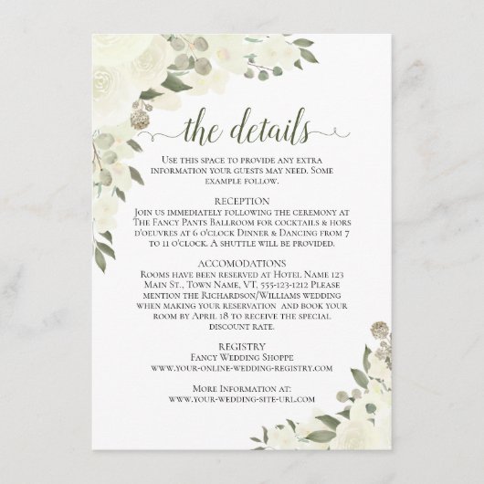 Ivory White Roses Rustic Boho Chic Hochzeitsdetail Begleitkarte (Vorderseite)